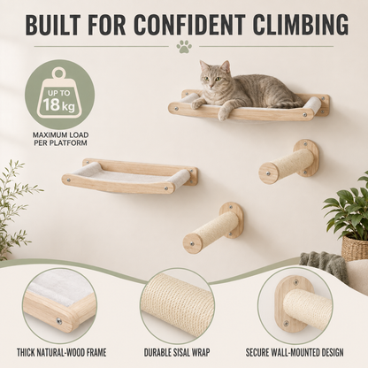 4-Piece Wall-Mounted Cat Climbing Set with Hammocks & Scratching Posts