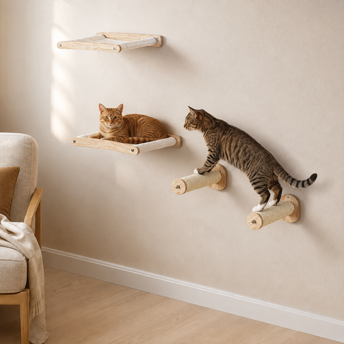 4-Piece Wall-Mounted Cat Climbing Set with Hammocks & Scratching Posts