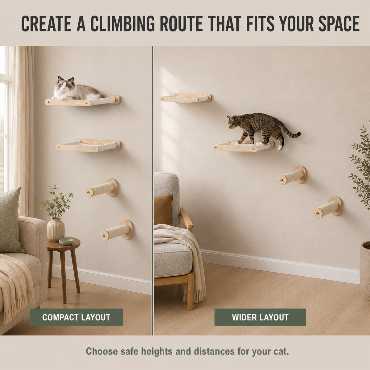 4-Piece Wall-Mounted Cat Climbing Set with Hammocks & Scratching Posts