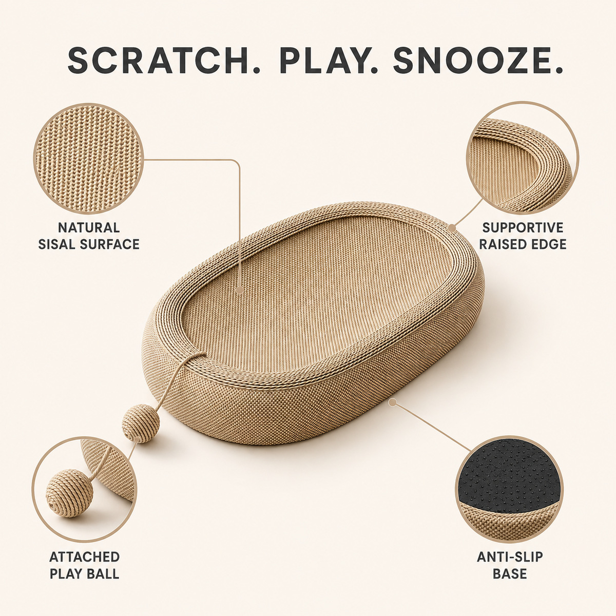 Oval Sisal Cat Scratcher & Cosy Lounger Bed with Play Ball