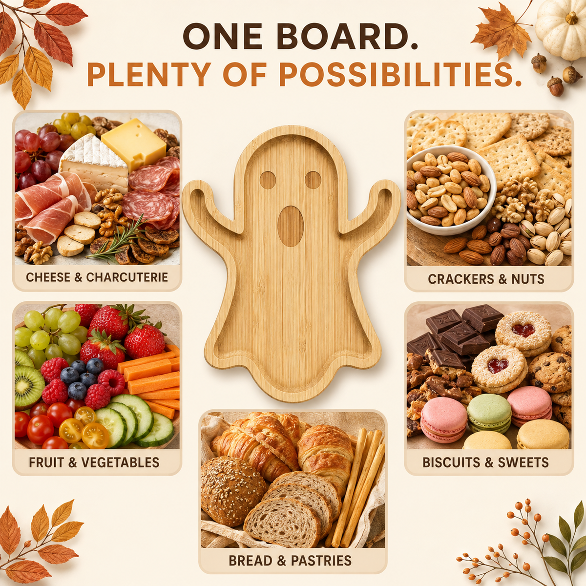 Ghost-Shaped Bamboo Serving Board – Halloween Snack Platter
