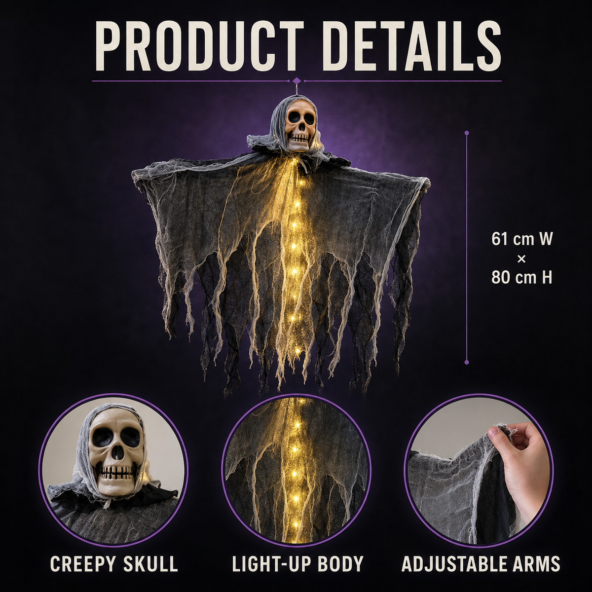 Light-Up Hanging Skeleton Ghost – 80 cm Halloween Decoration