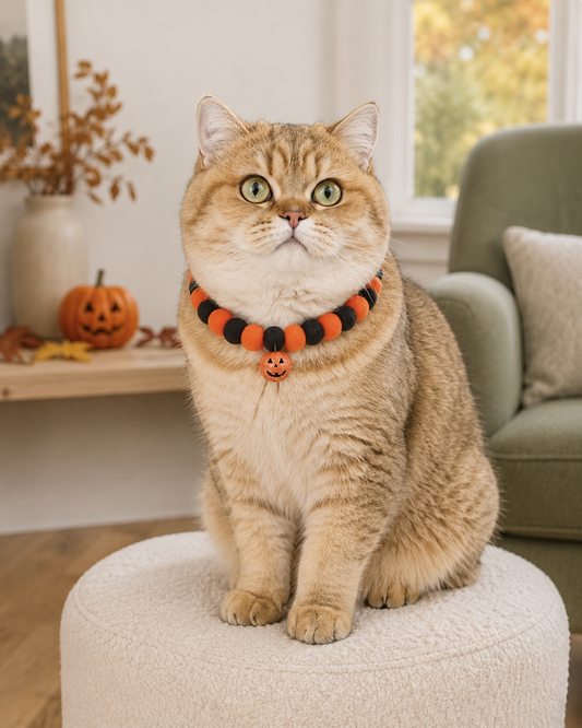 Halloween Pumpkin Bell Pom-Pom Pet Necklace
