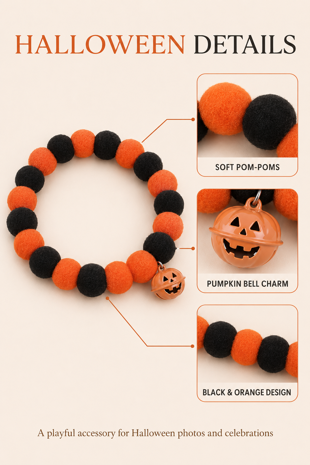 Halloween Pumpkin Bell Pom-Pom Pet Necklace